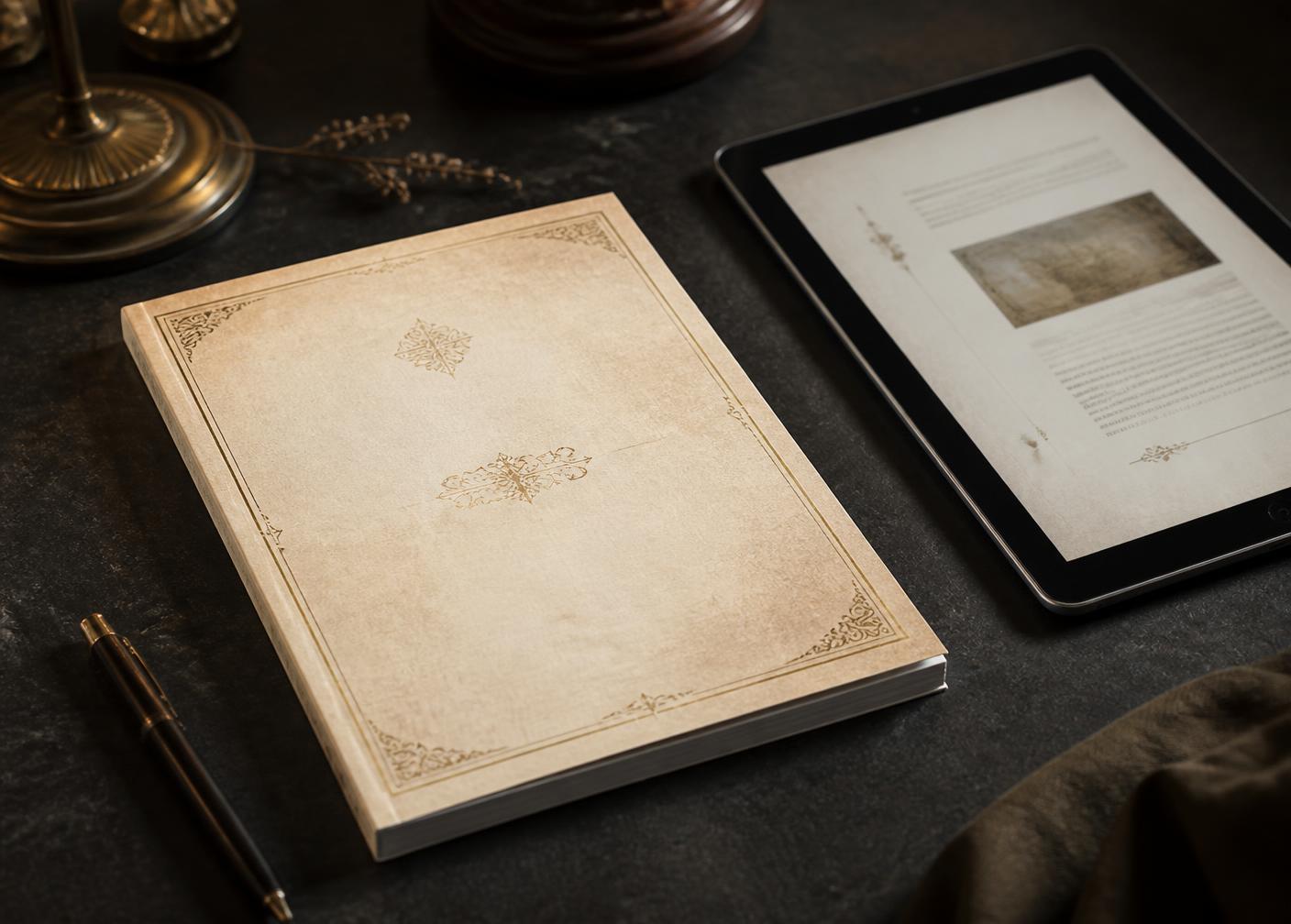 Prévia da apostila impressa ao lado de um tablet