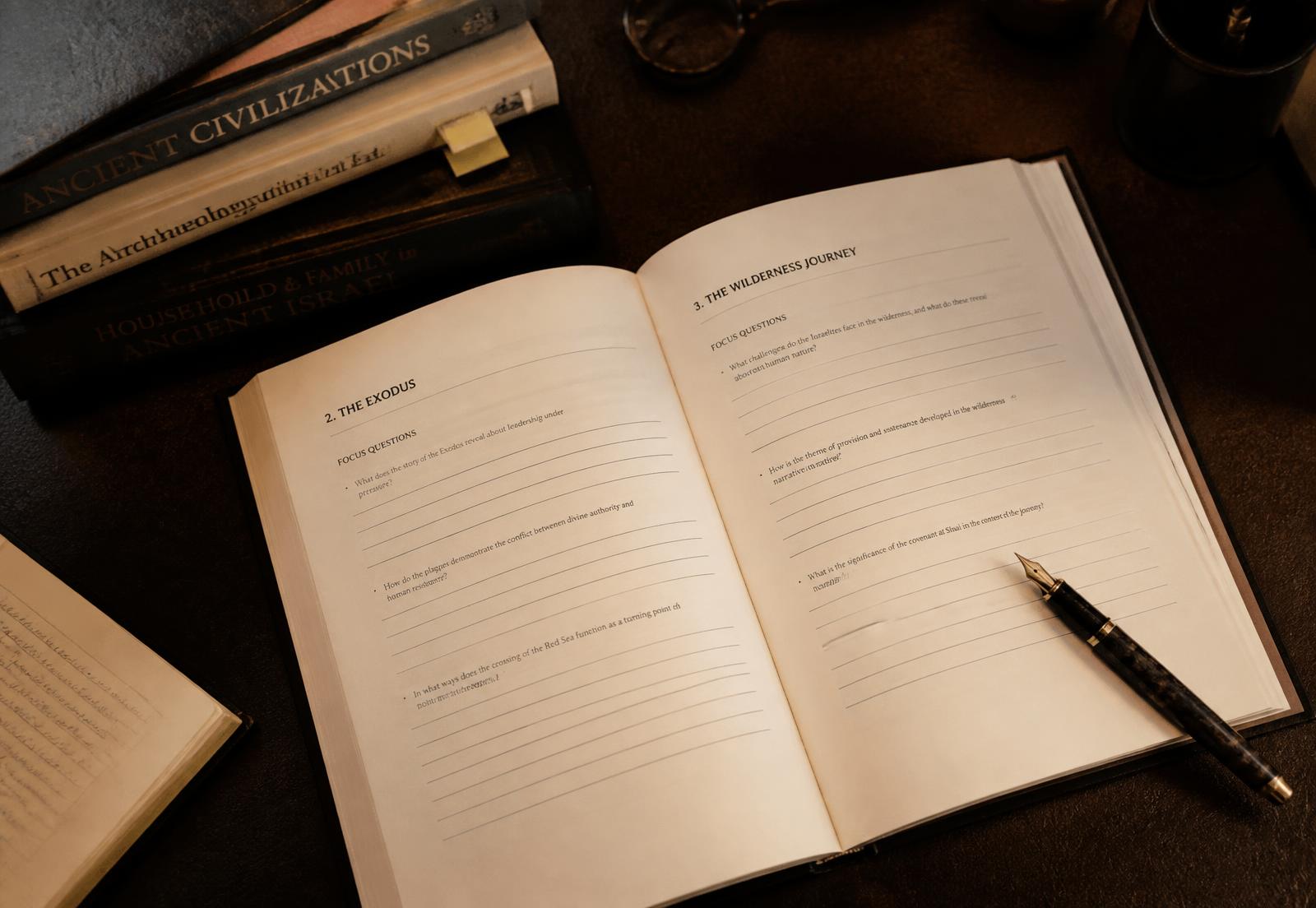 Mesa de estudo com caderno, livros de referência e caneta